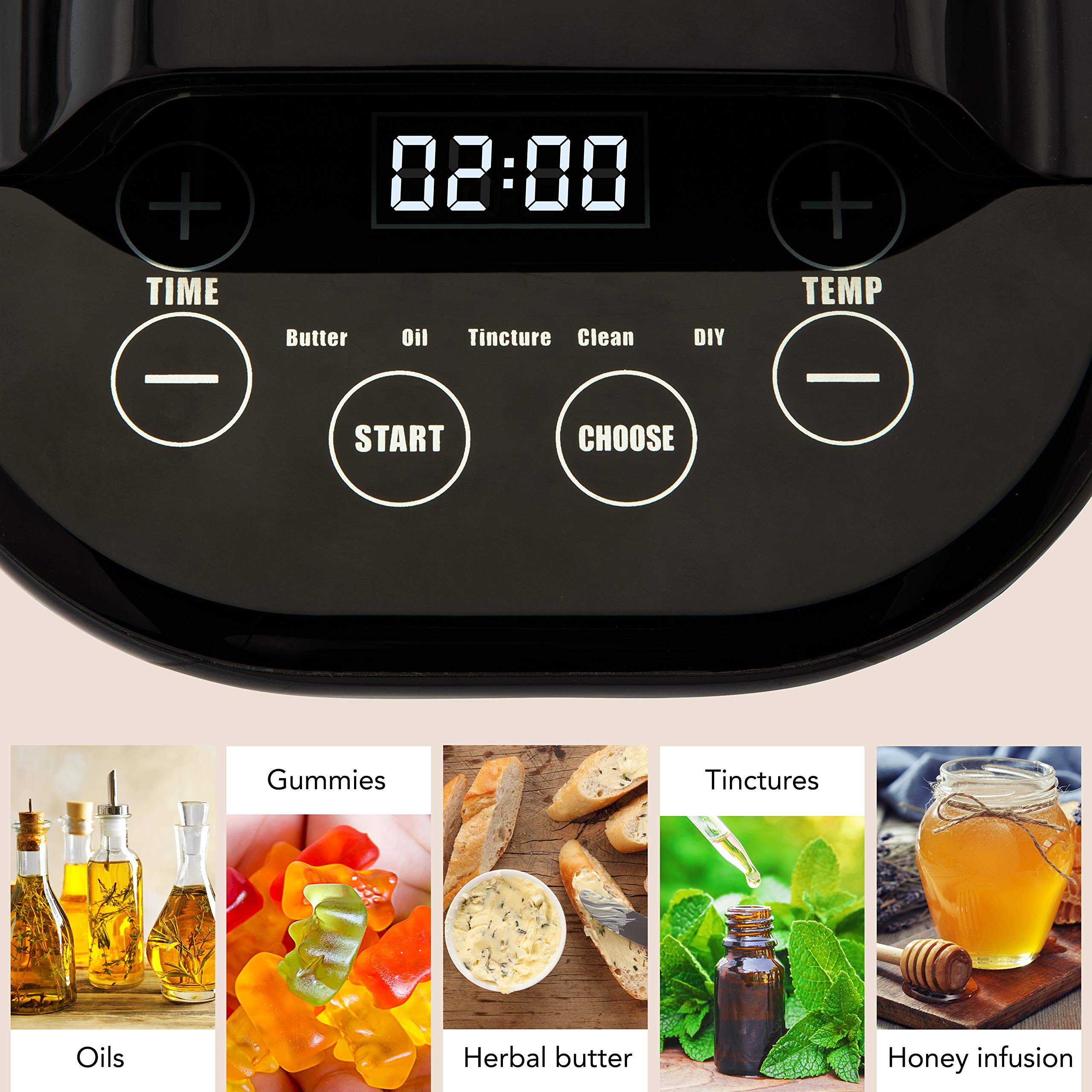 Ivation infusion machine control panel showing presets for butters, oils and tinctures