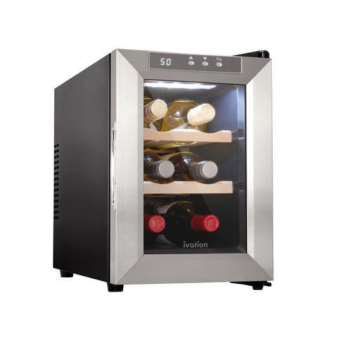 Ivation premium stainless steel wine cooler with six bottles maintains a stable temperature.