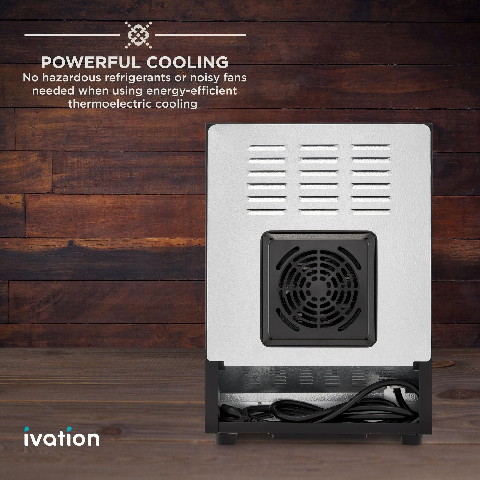 Ivation interior soft LED lighting highlights bottles without glare.