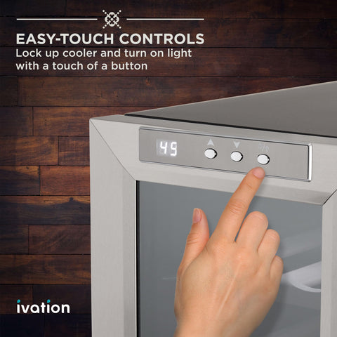 Ivation stainless steel cooler with oak shelves keeps bottles organized on sturdy racks.