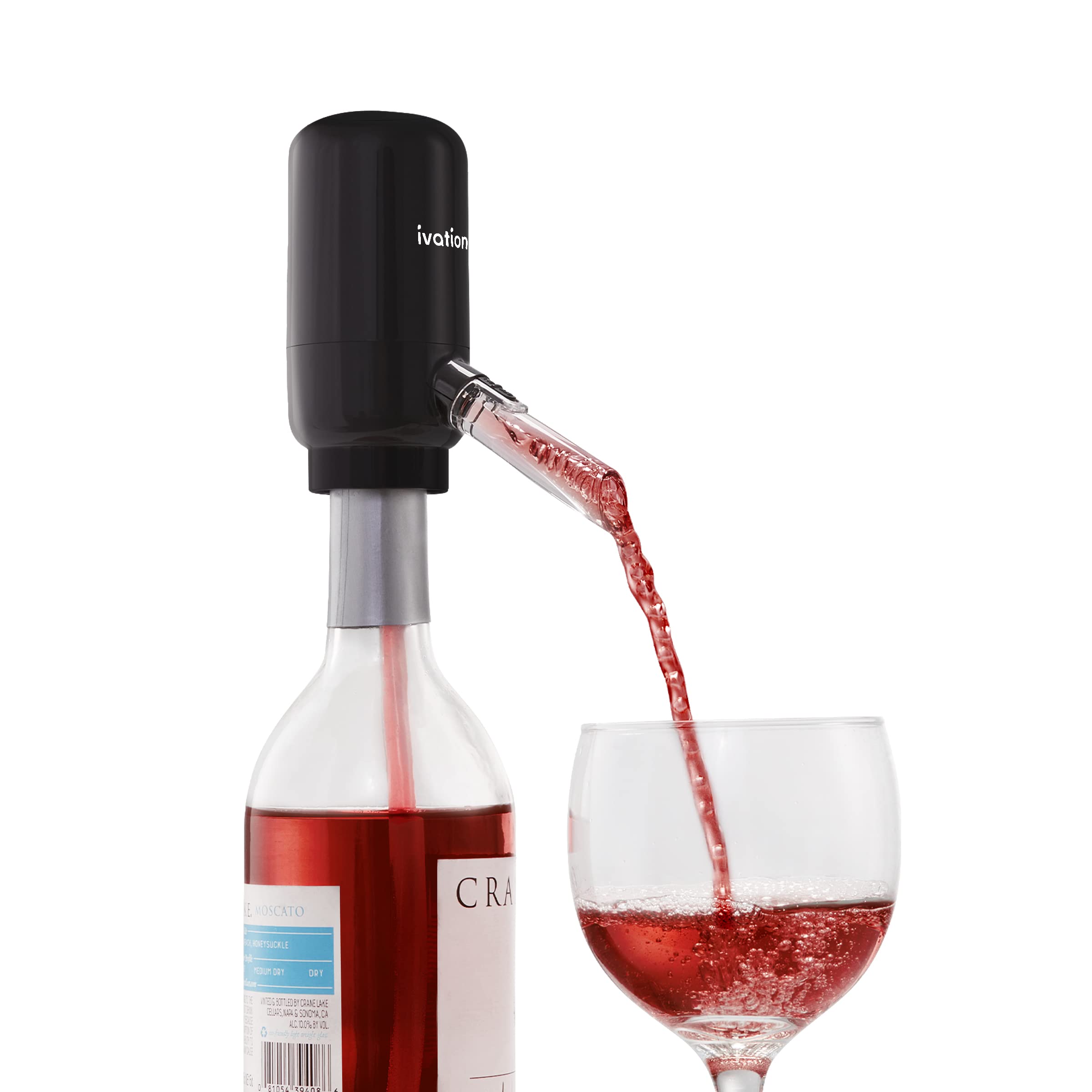 Ivation wine aerator spout enables universal bottle fit and effortless aeration.