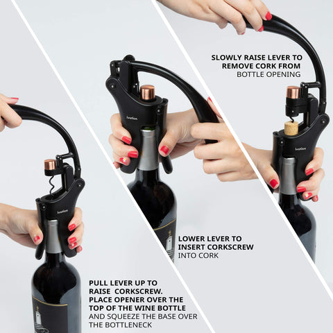 Ivation wine bottle opener ergonomic lever pump provides smooth operation with less wrist strain.