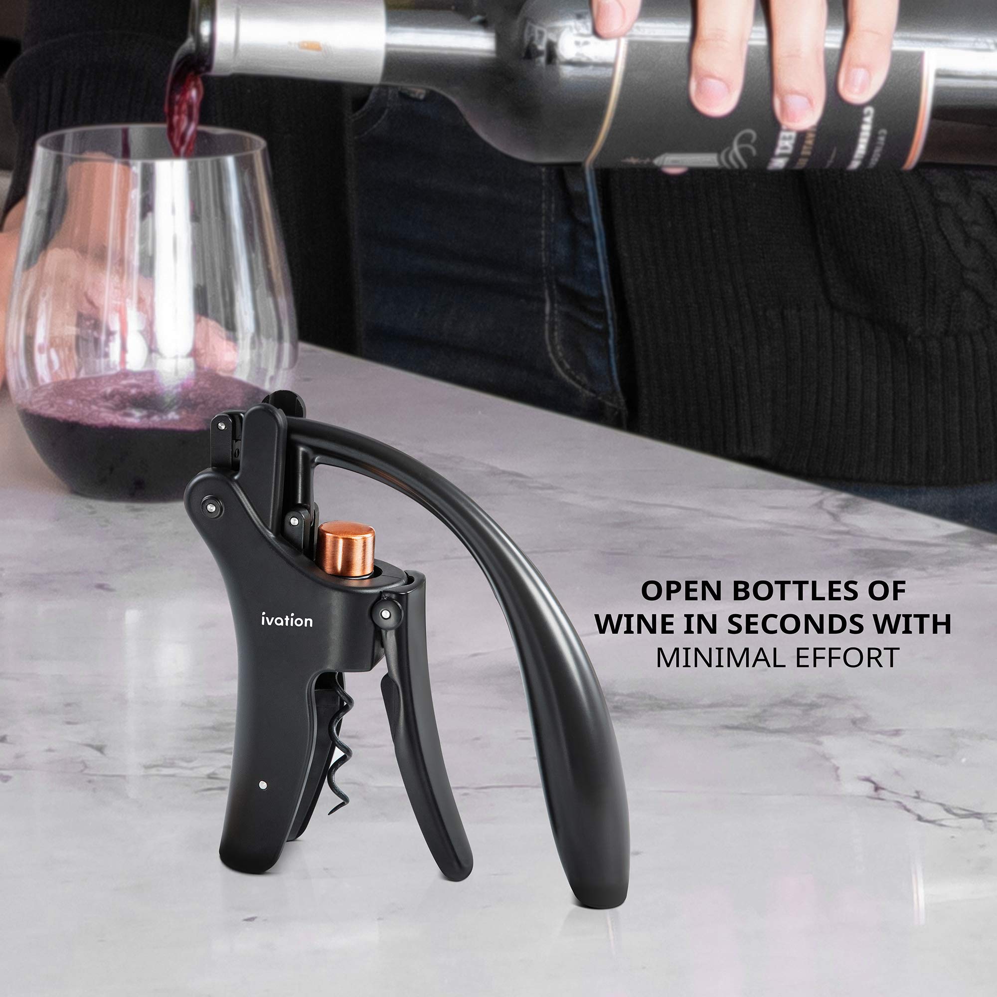 Ivation standing corkscrew rests upright for display and quick access.