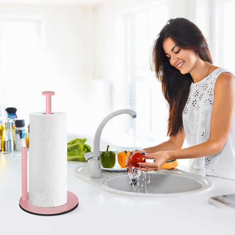 iwapuy pink paper towel holder with weighted base stays stable while tearing