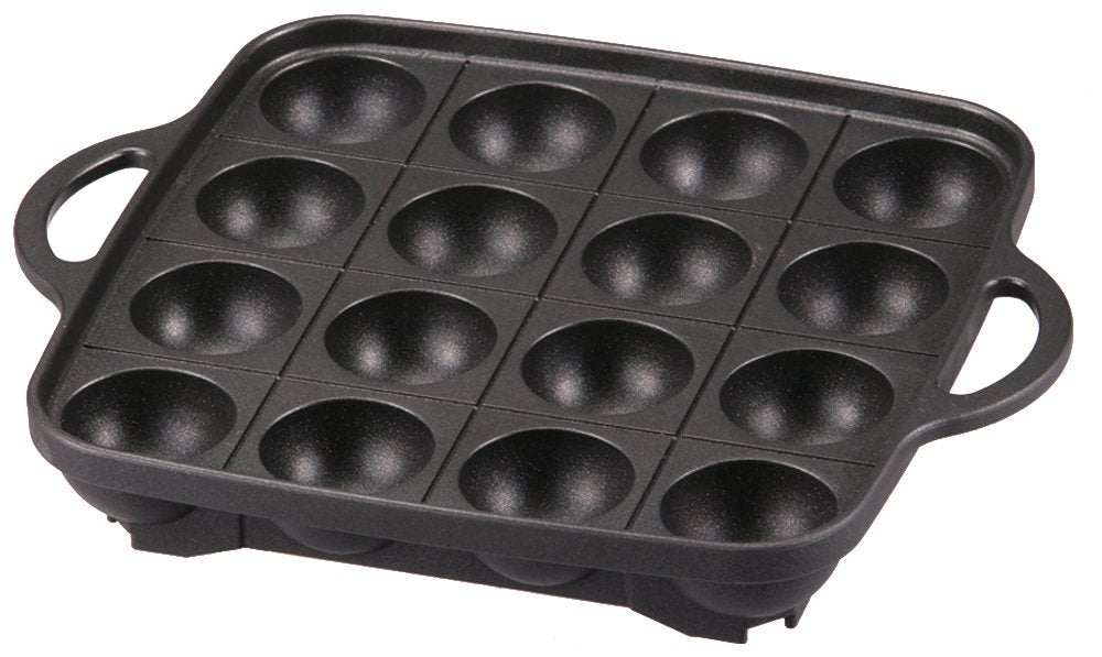 Iwatani Takoyaki Grill Pan medium black, top view with 16 holes for even cooking.