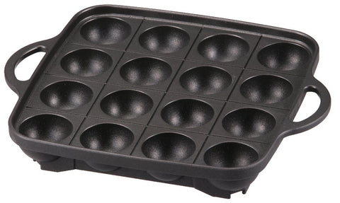 Iwatani Takoyaki Grill Pan medium black, top view with 16 holes for even cooking.