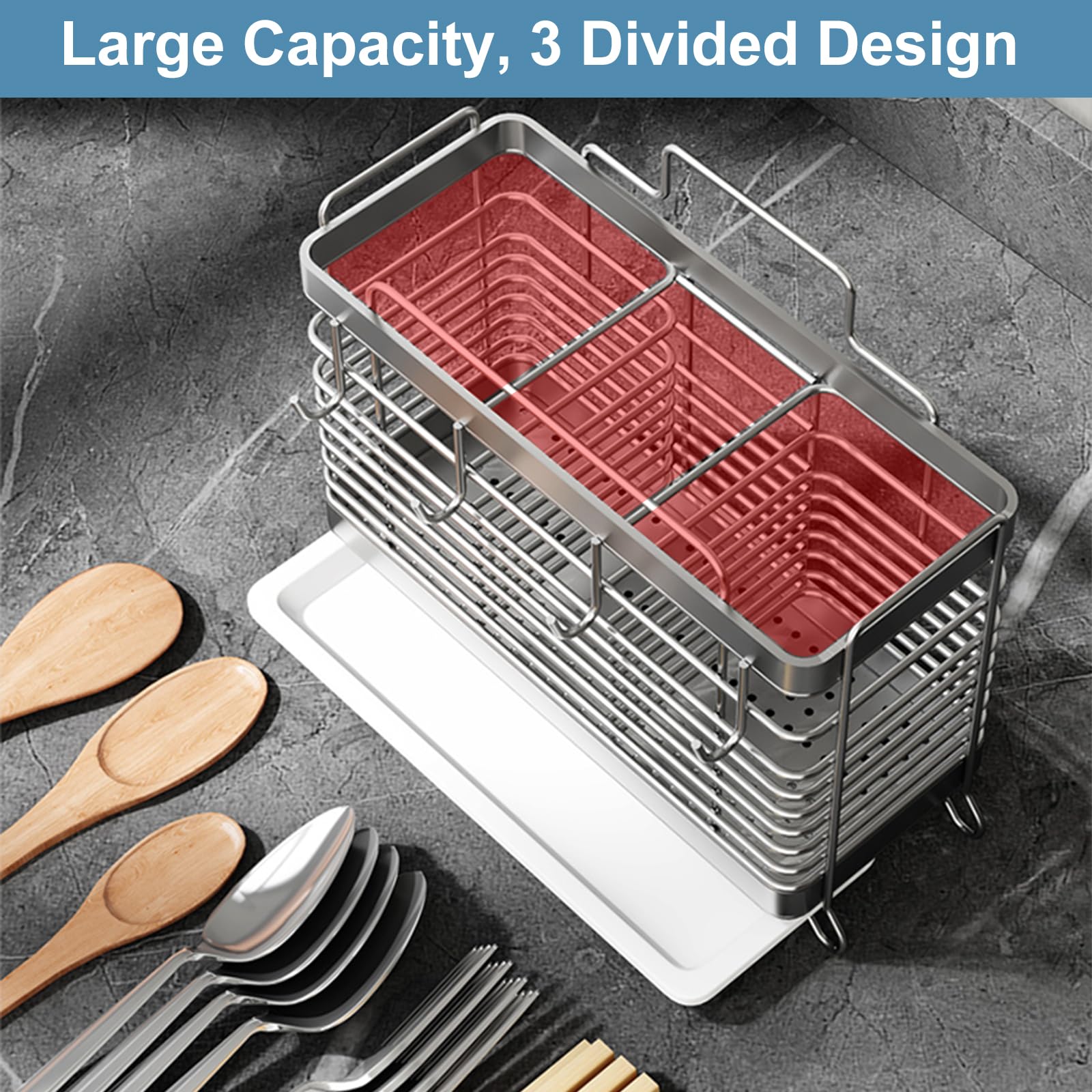 IWNTWY three-compartment organizer with built-in hooks for utensils and tools.