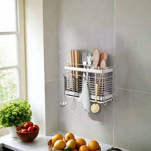 Adhesive backing on IWNTWY kitchen organizer for easy wall mounting.