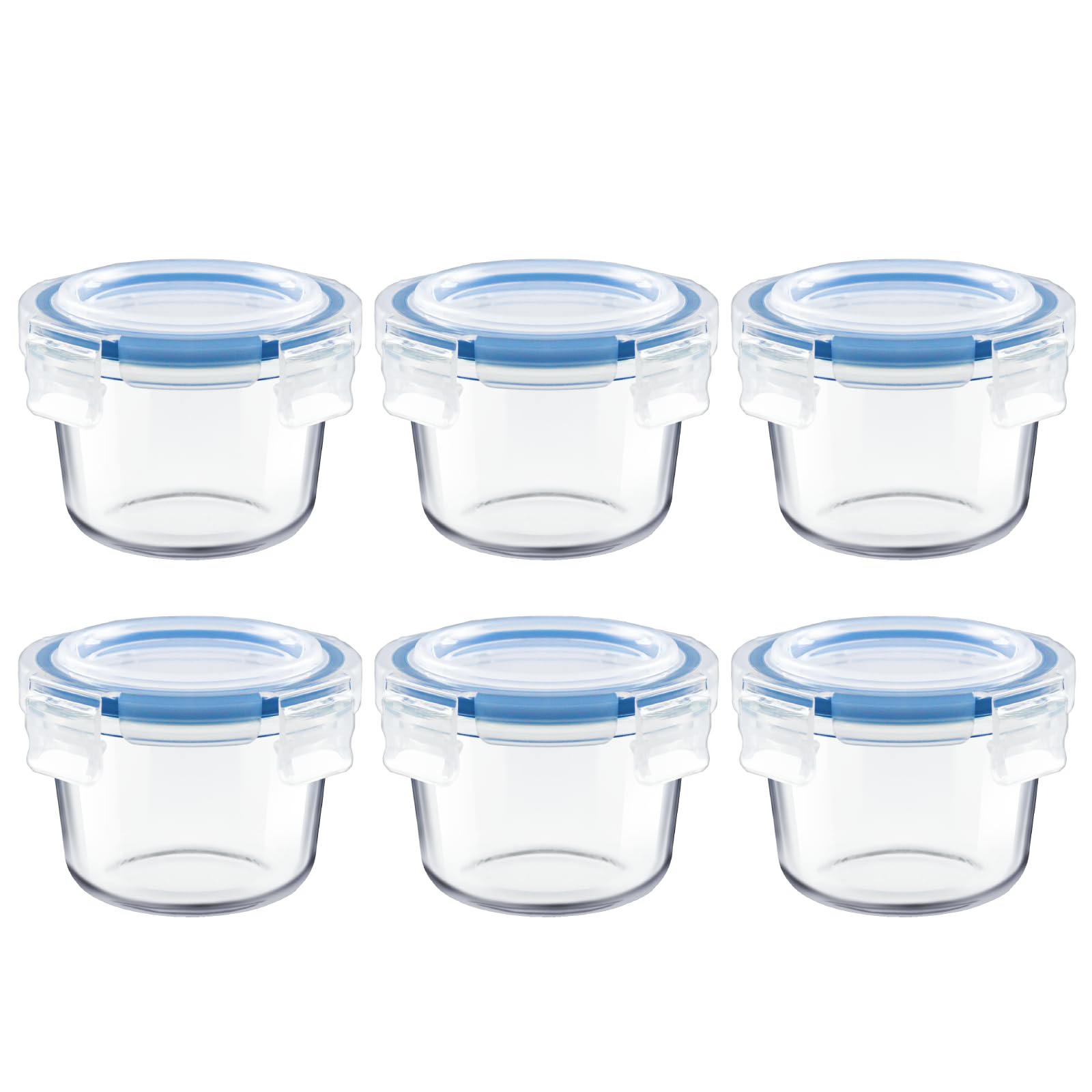 Iyulania six-pack glass containers with no-spill lids for organized meal prep.