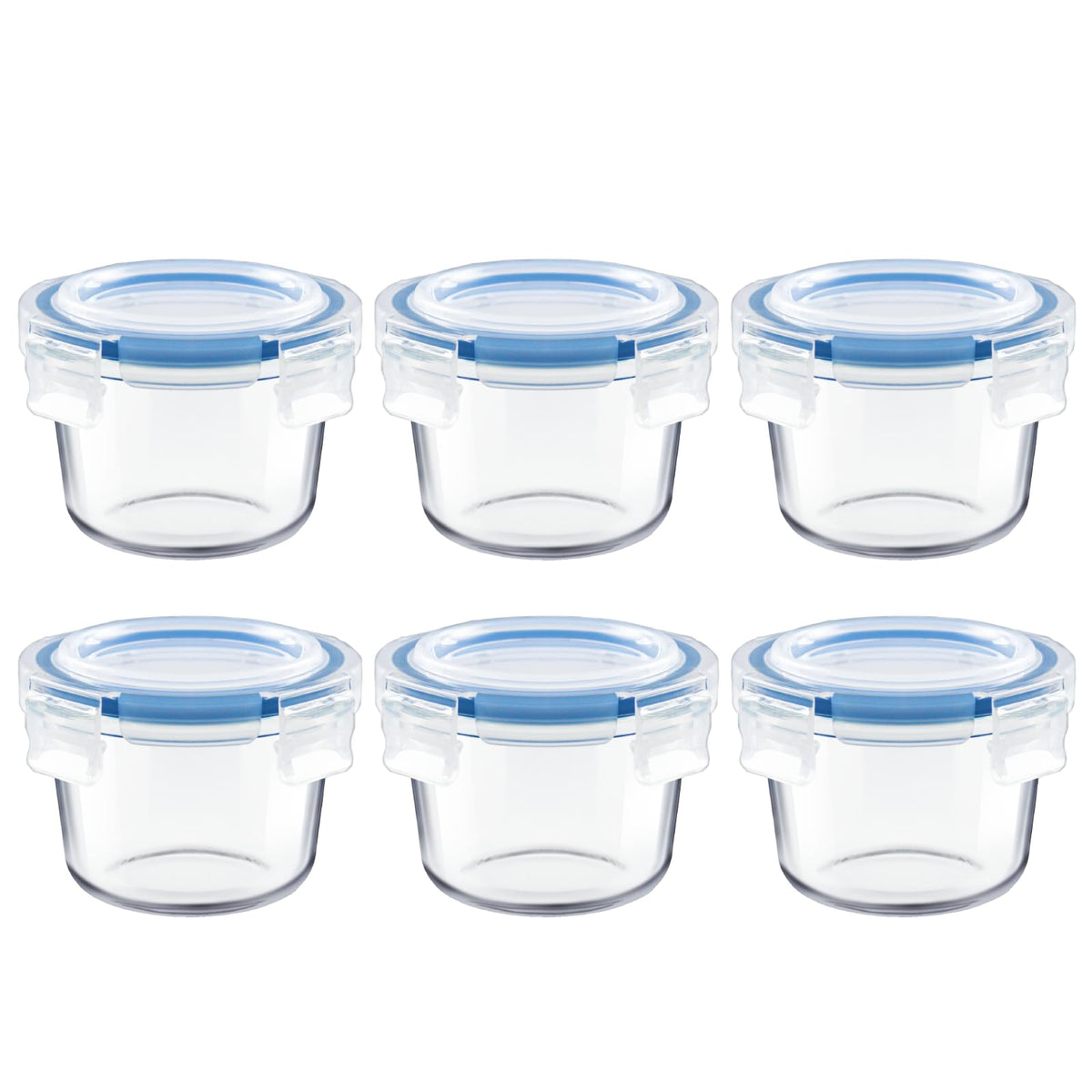 Iyulania six-pack glass containers with no-spill lids for organized meal prep.