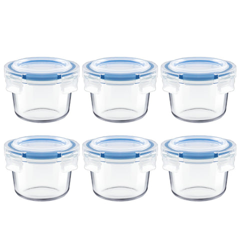 Iyulania six-pack glass containers with no-spill lids for organized meal prep.