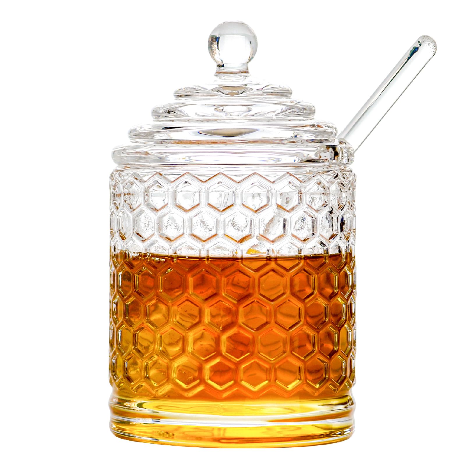 Iyulania glass honey jar with lid and dipper for mess-free serving.