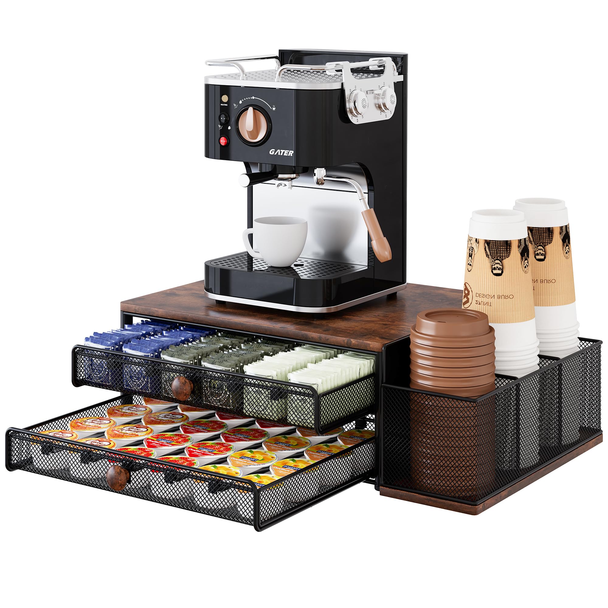 IZLIF coffee bar organizer with 2-tier sliding drawers keeps pods neatly organized and within reach.