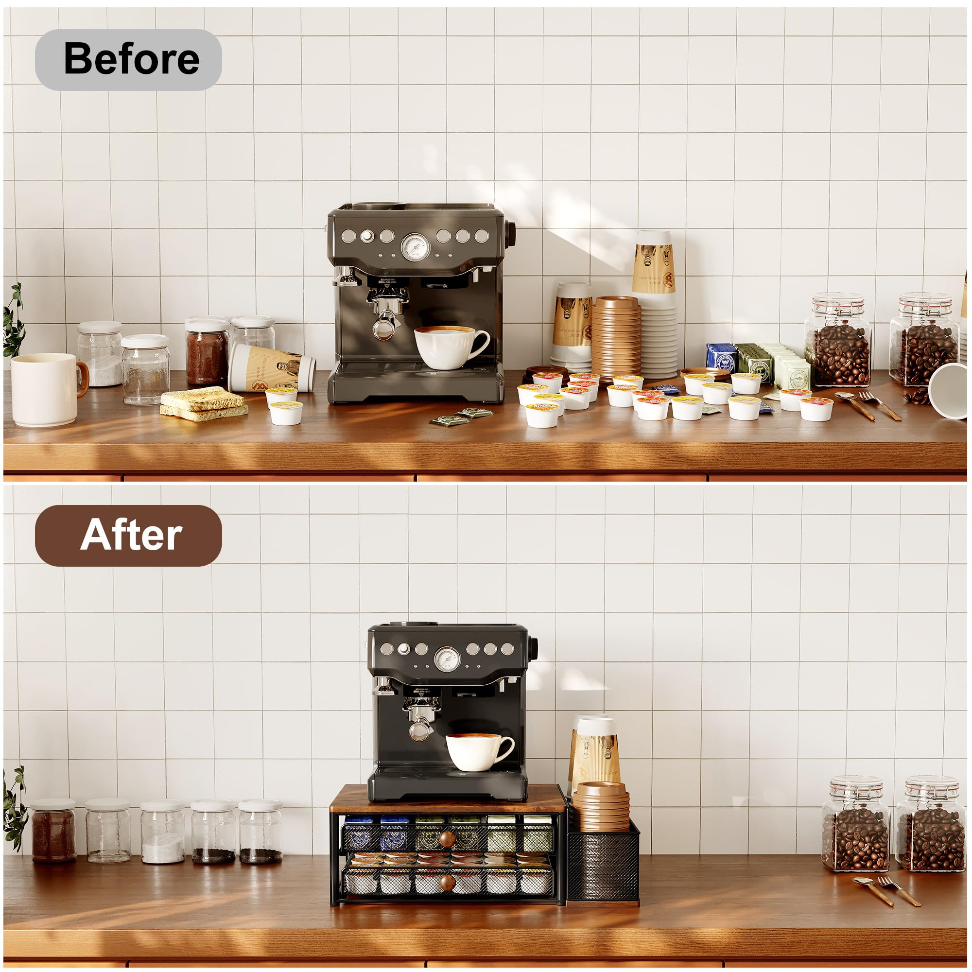 IZLIF countertop setup shows tidy coffee bar ready for quick brew.