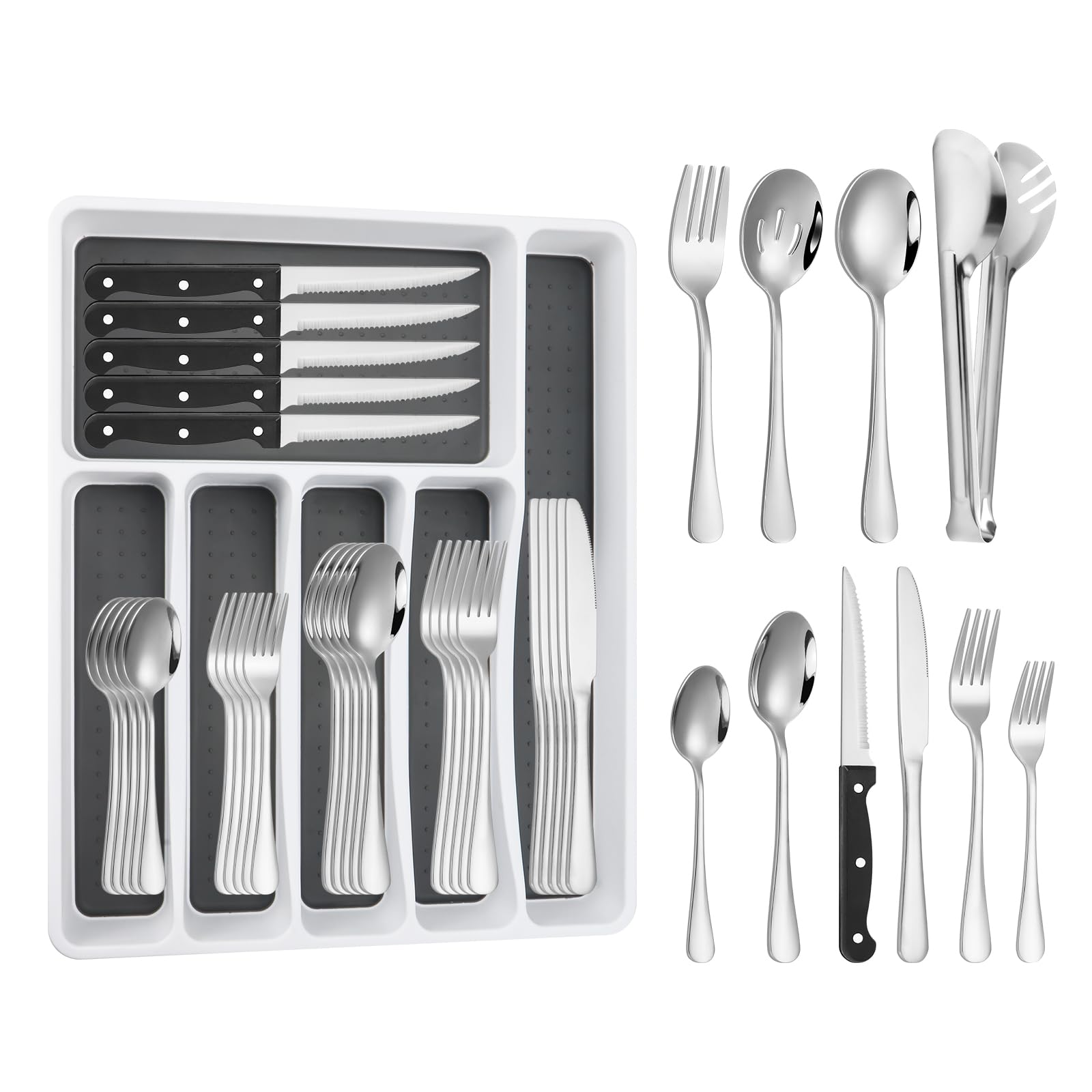 Izurok 53-piece flatware set with drawer organizer enhances kitchen organization for meals.