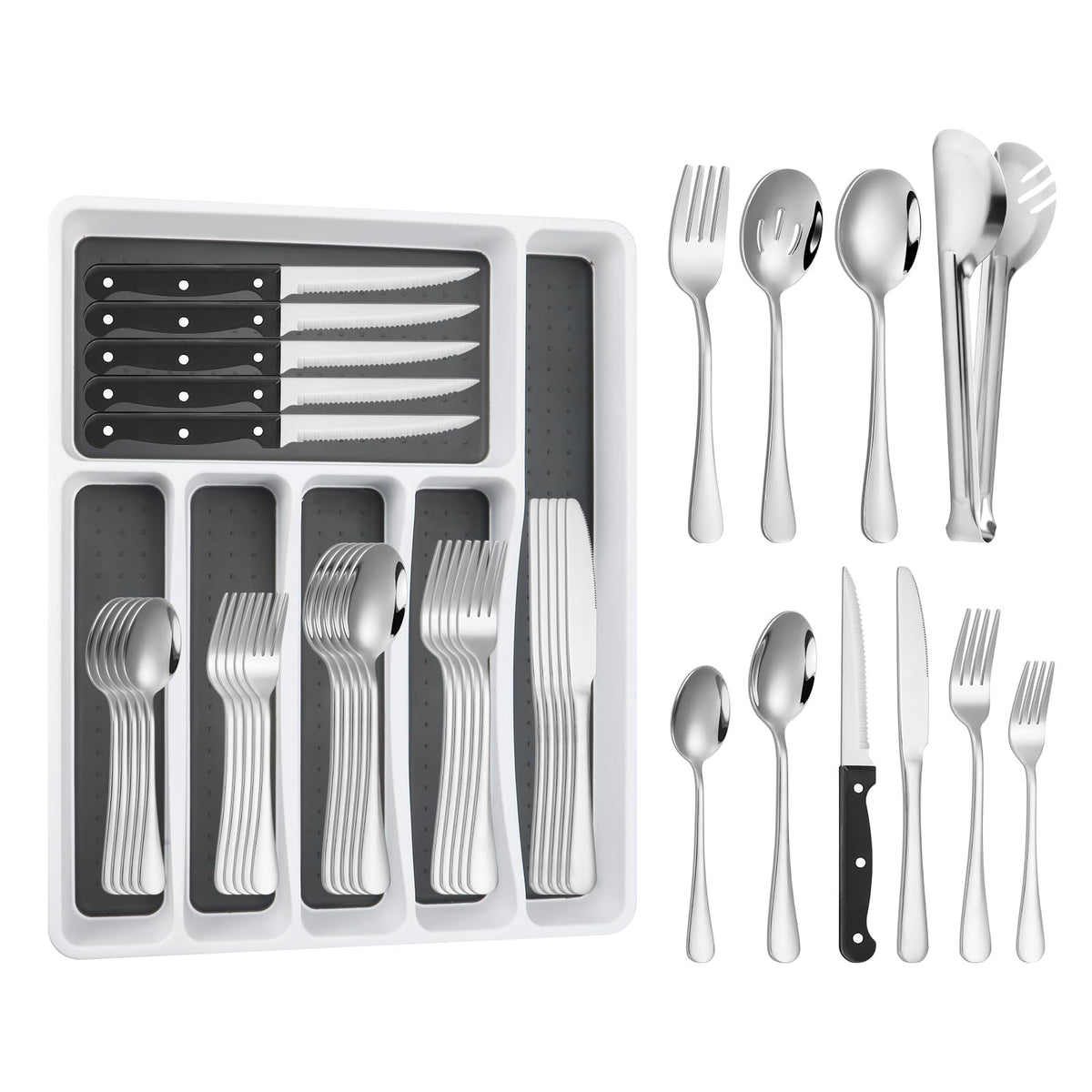 Izurok 53-piece flatware set with drawer organizer enhances kitchen organization for meals.