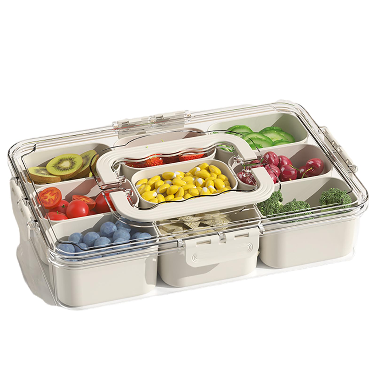 J-hong divided veggie tray with lid and handle showing nine compartments for organized snacks