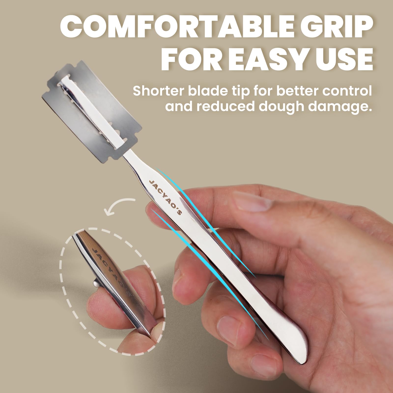 JACYAO'S bread lame ergonomic-handle image shows comfortable grip during scoring.