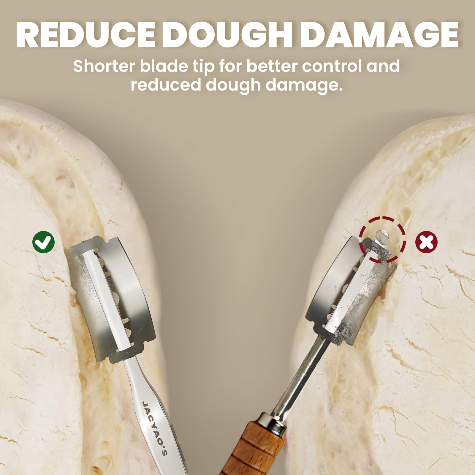JACYAO'S bread lame stainless-shank image emphasizes durable 304 stainless steel construction.