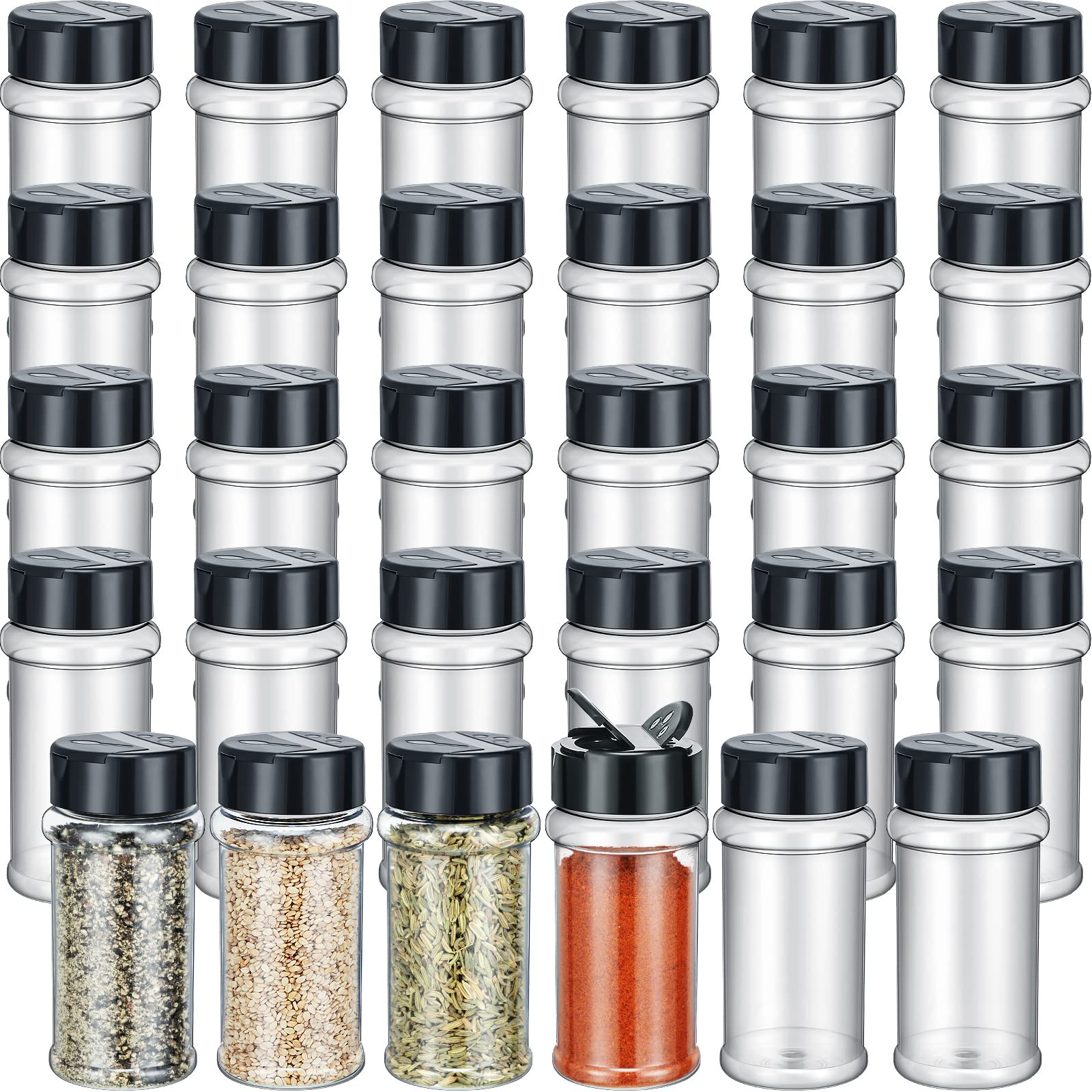 Jadive spice jars with shaker lids for organized pantry storage.