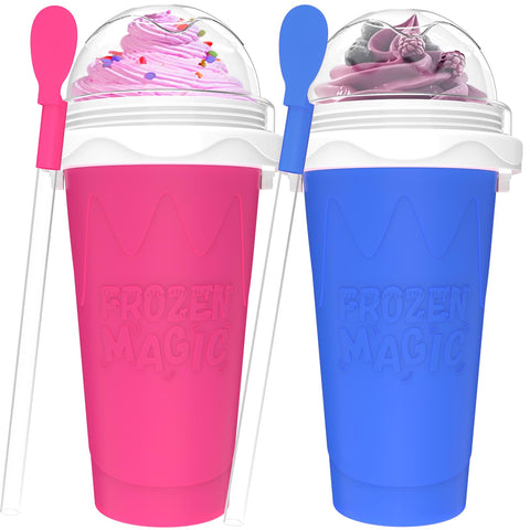 Jairuty slushie maker blue-pink set front view shows reusable double-layer cups for quick frozen treats.