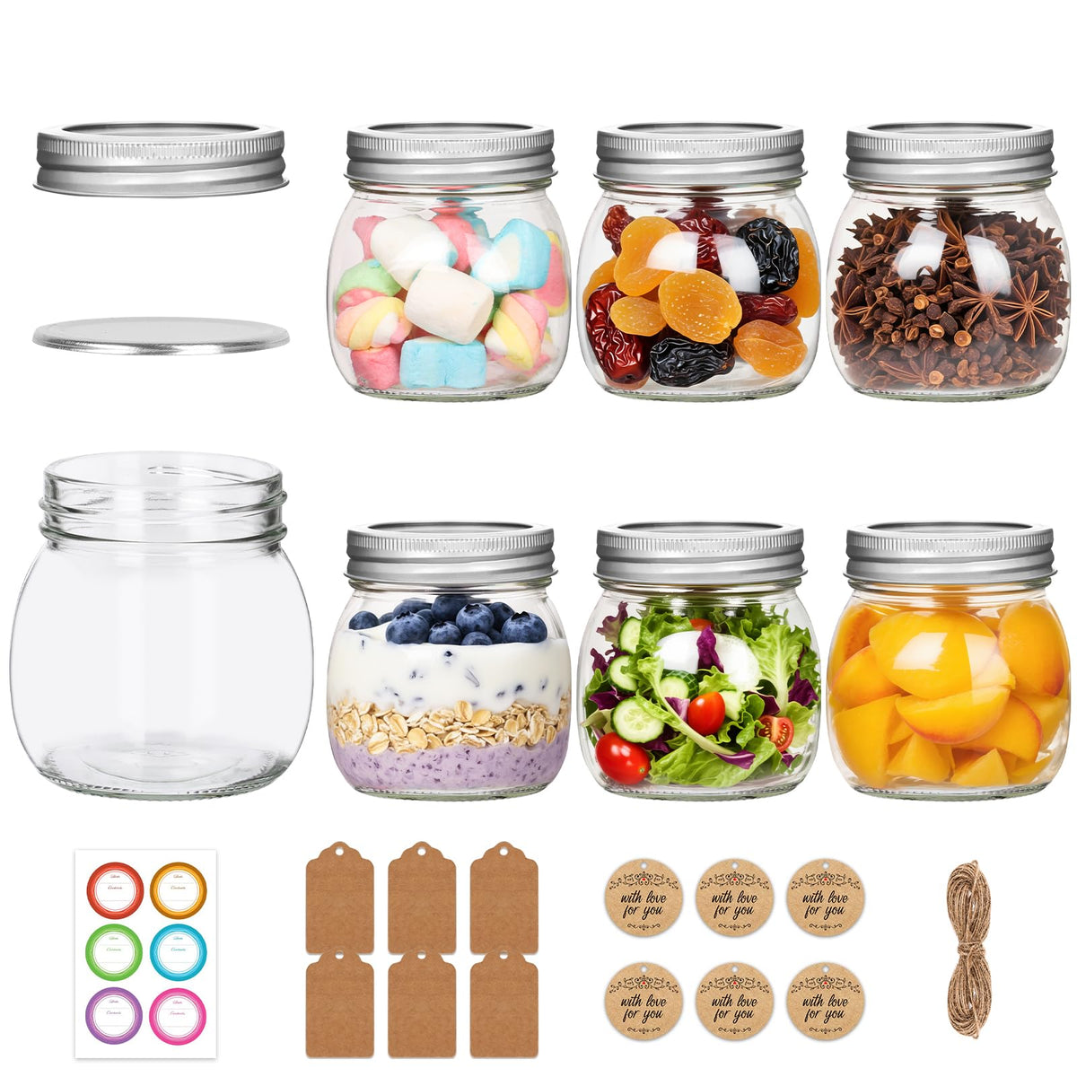 Jaisie.W 8 oz mason jar with silver lid and band for airtight storage.