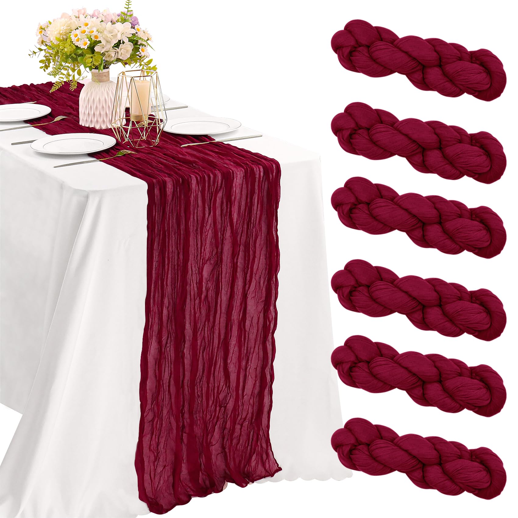 JALANCY burgundy cheesecloth table runner with crinkled texture for romantic wedding tables