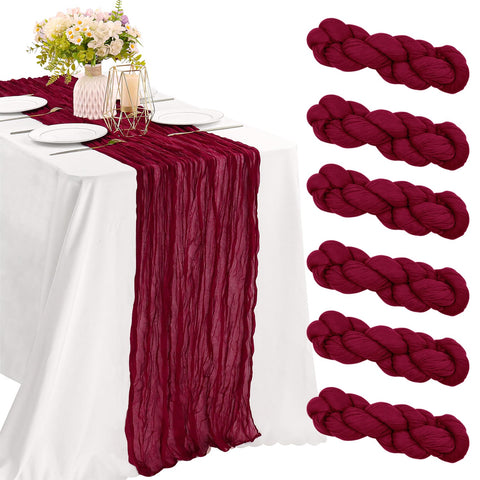 JALANCY burgundy cheesecloth table runner with crinkled texture for romantic wedding tables