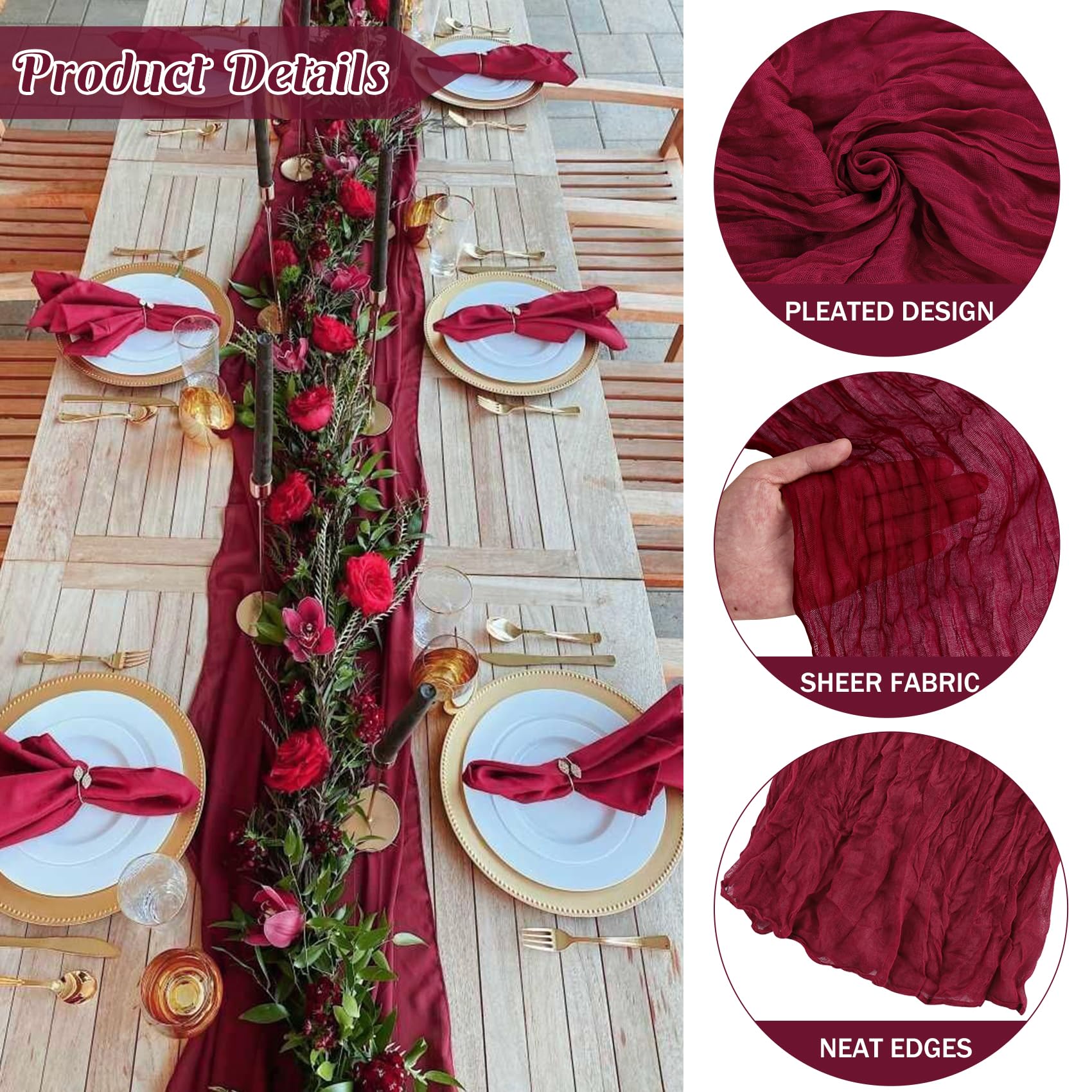 JALANCY burgundy cheesecloth table runner draped over long banquet tables for vintage ambiance