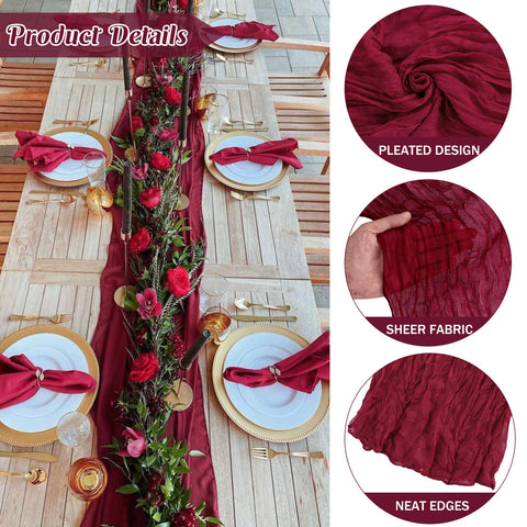 JALANCY burgundy cheesecloth table runner draped over long banquet tables for vintage ambiance