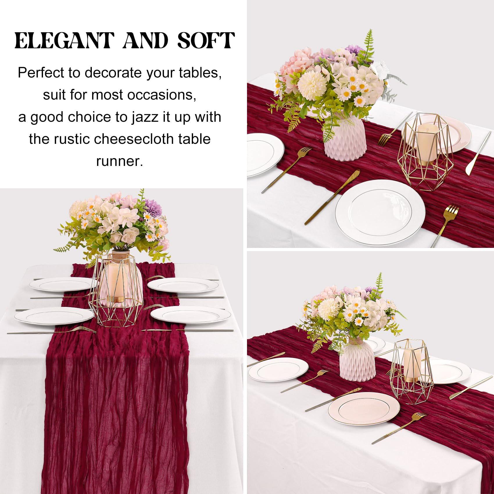 JALANCY burgundy gauze runner used as wedding backdrop and chair sash decoration