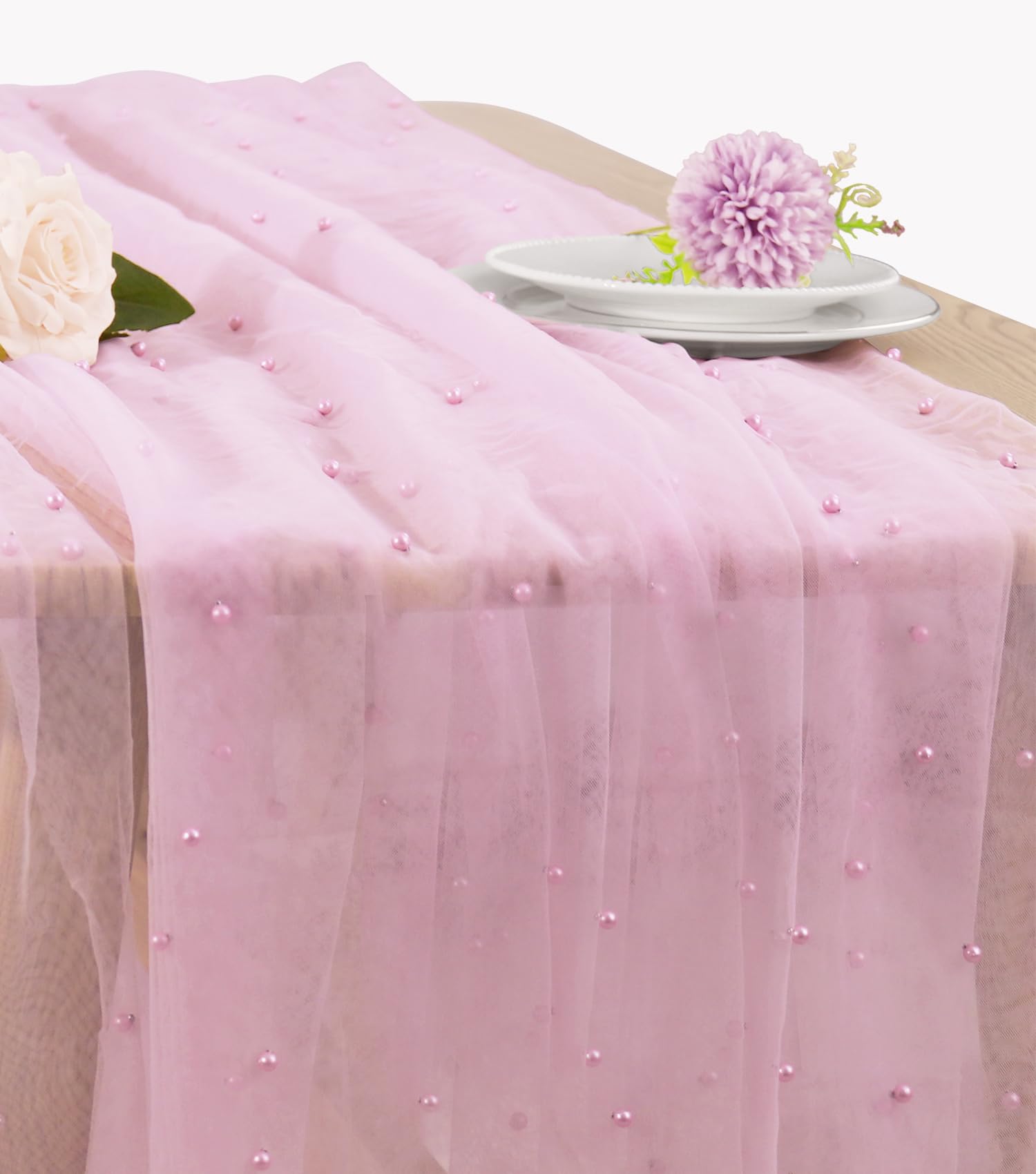 JALANCY Pearl pink table runner, full length for elegant wedding decor.