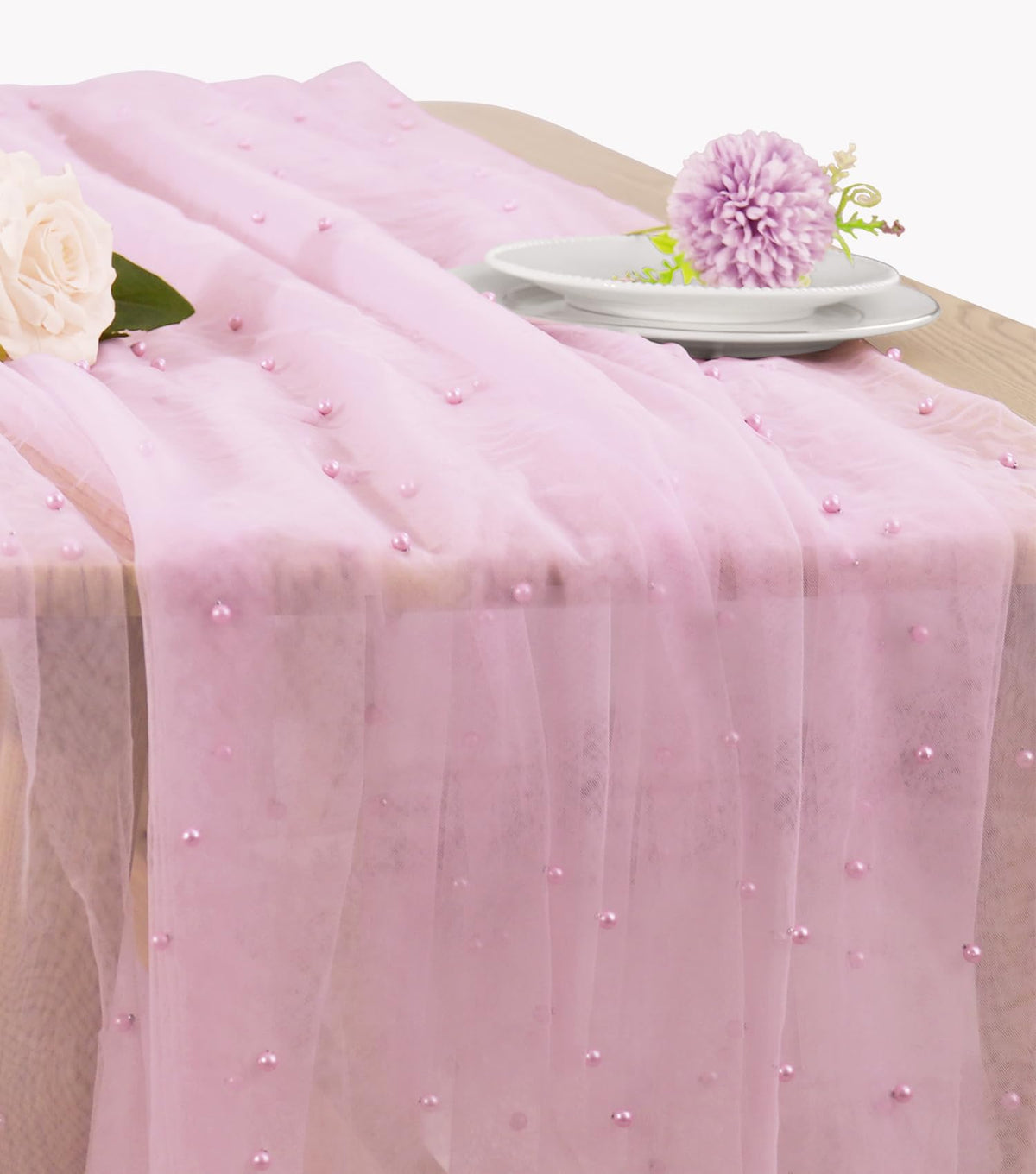JALANCY Pearl pink table runner, full length for elegant wedding decor.