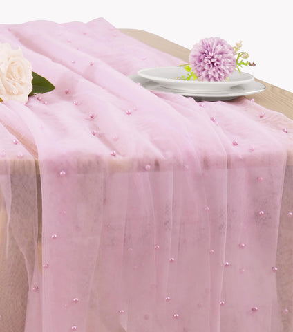 JALANCY Pearl pink table runner, full length for elegant wedding decor.