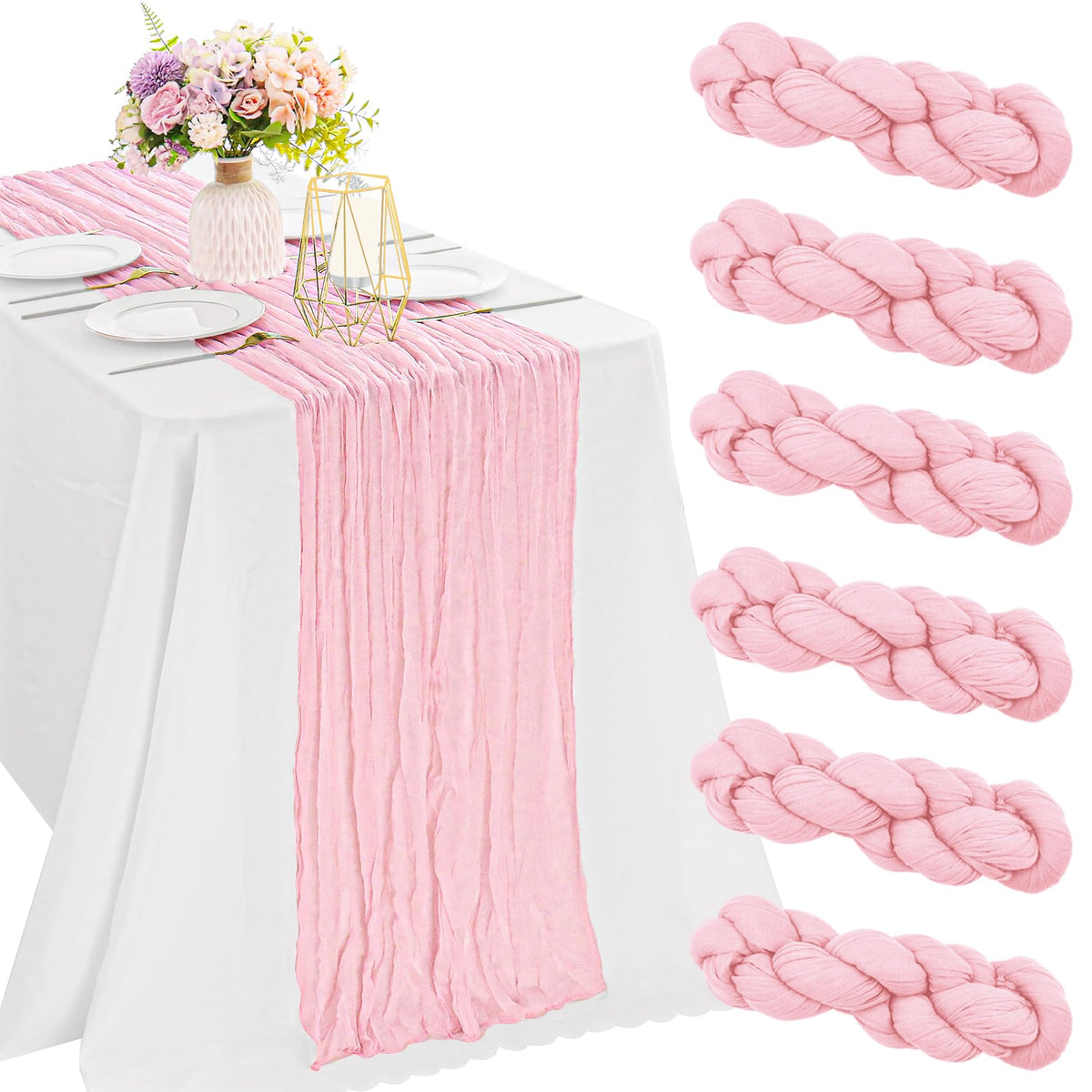 JALANCY pink cheesecloth table runner adds romantic ambiance to weddings.