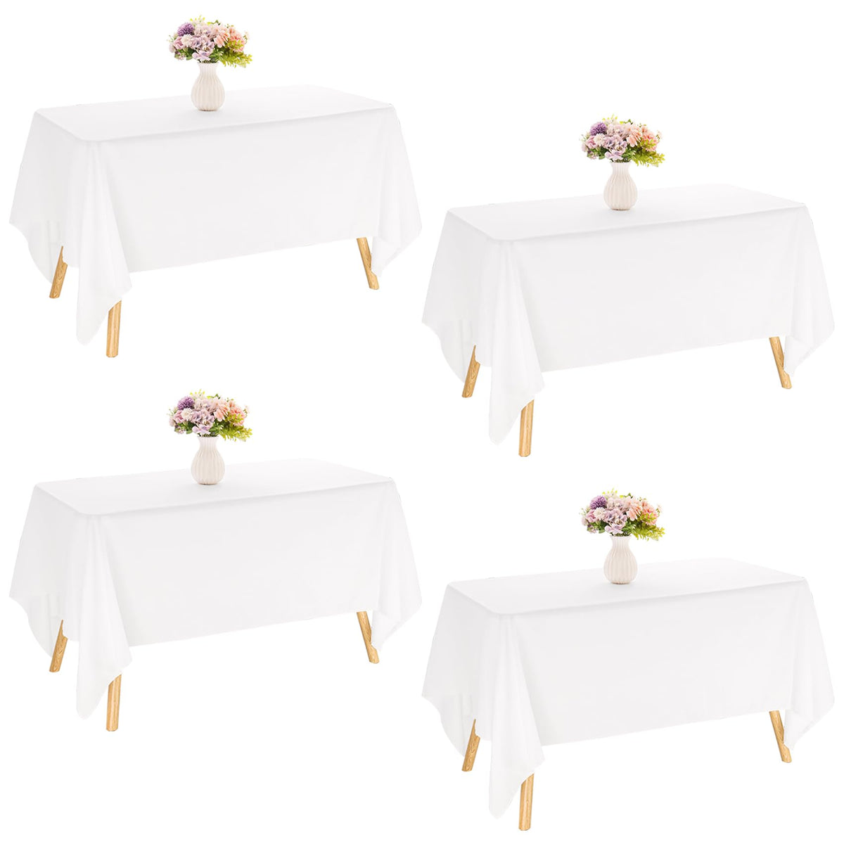 JALANCY four-pack white rectangle tablecloth draped on a long table, perfect for weddings.