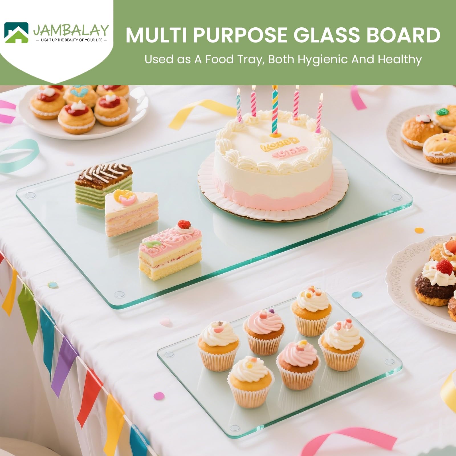 JAMBALAY 8x12 tempered glass cutting board provides compact prep space that resists stains.