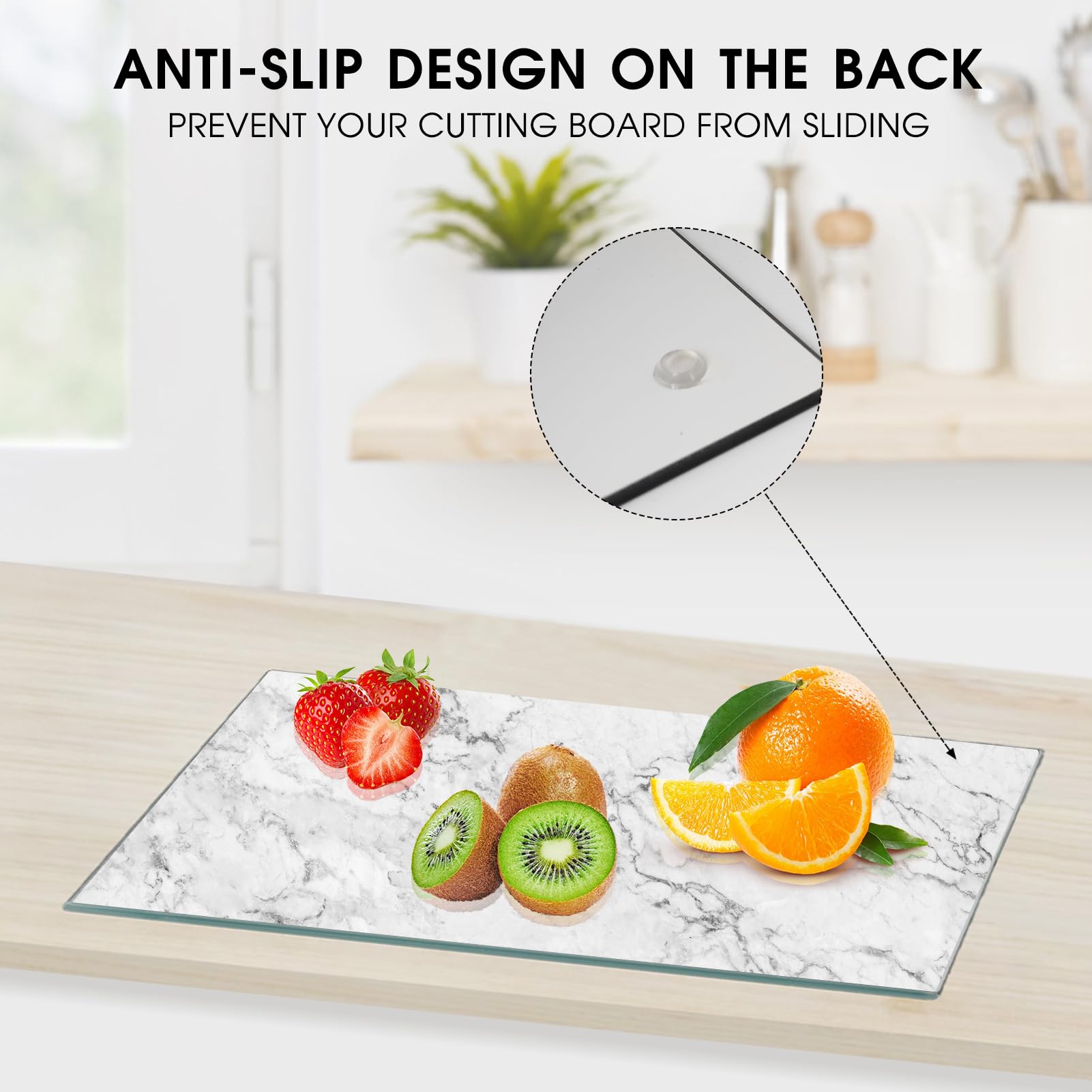 JAMBALAY cutting board showing anti-slip rubber feet on counter