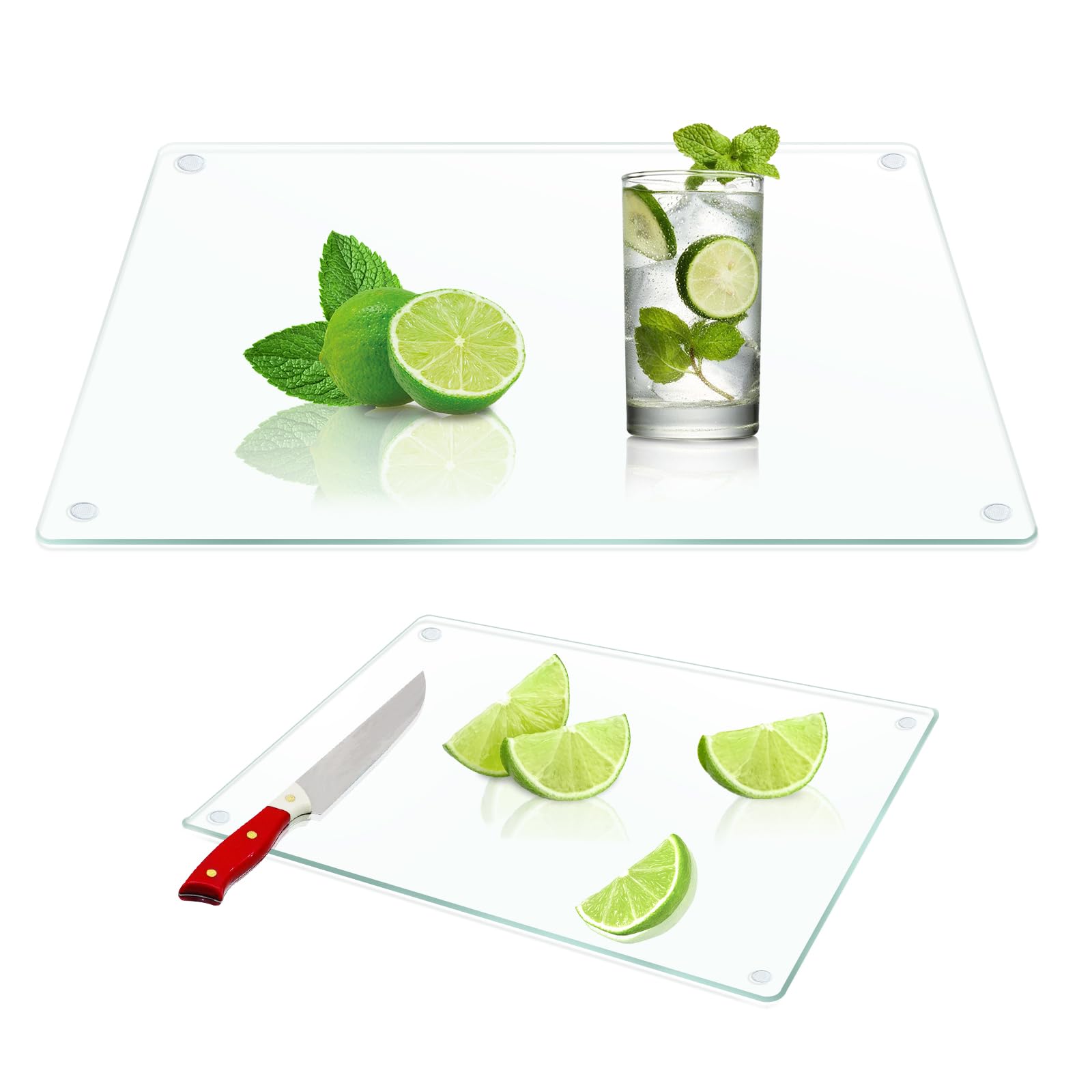 JAMBALAY easy-clean glass cutting board wipes away spills with little effort.