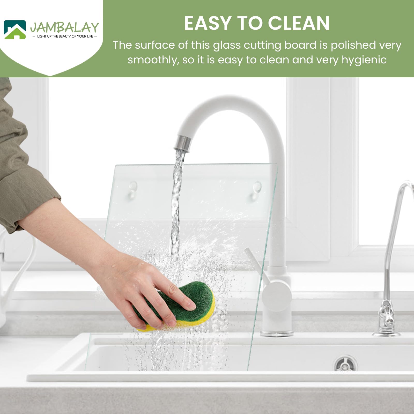 JAMBALAY glass cutting board with non-slip feet stays steady during chopping.