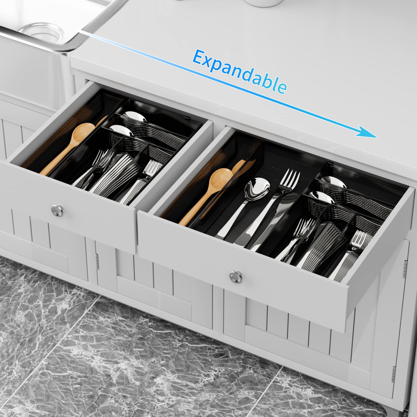 JANE EYRE drawer organizer with silver epoxy finish protects utensils from rust.