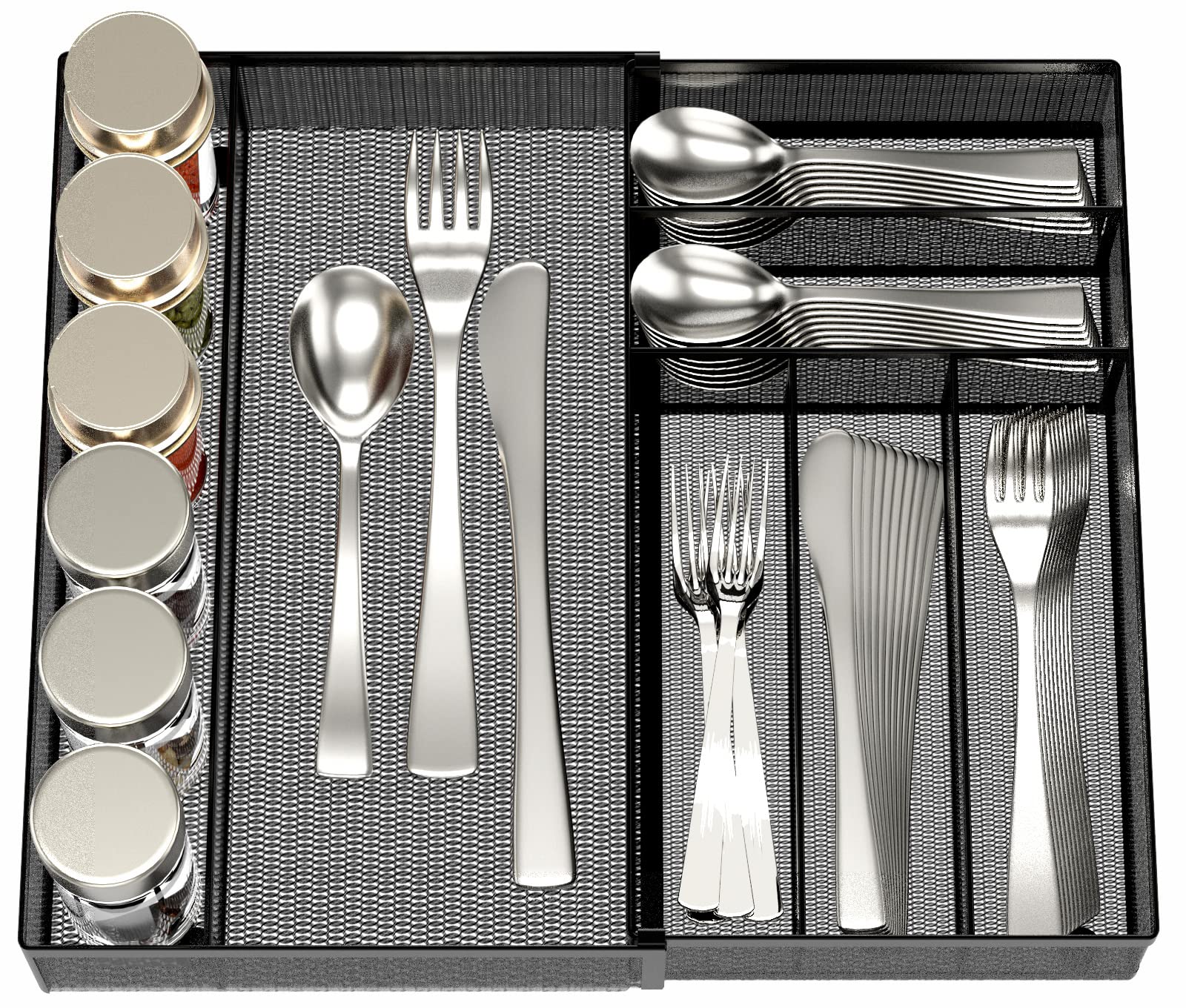 JANE EYRE expandable cutlery tray in black with mesh design for easy drying.