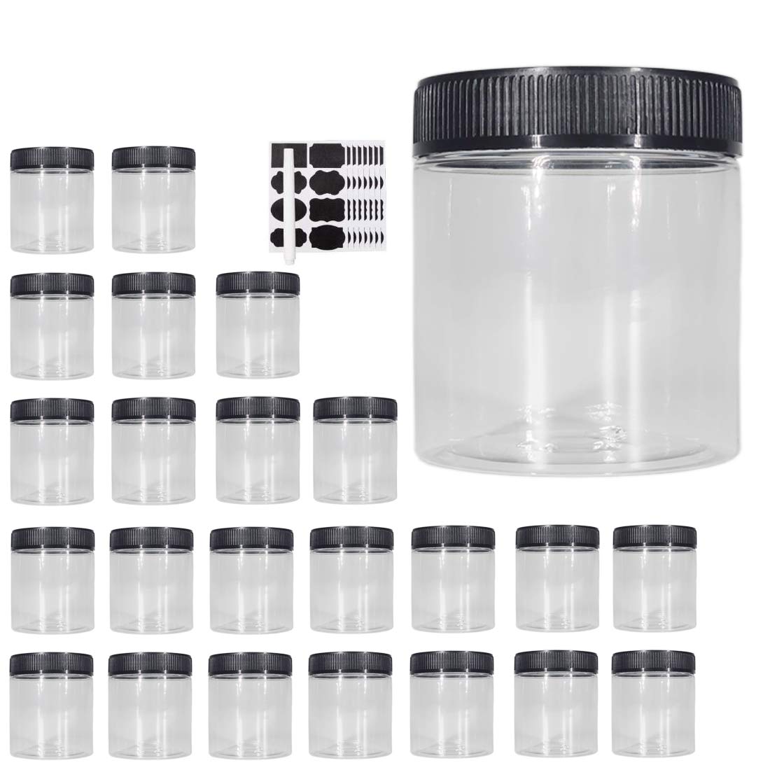 Janisfirst 8oz clear jar with black lid, ideal for pantry storage.