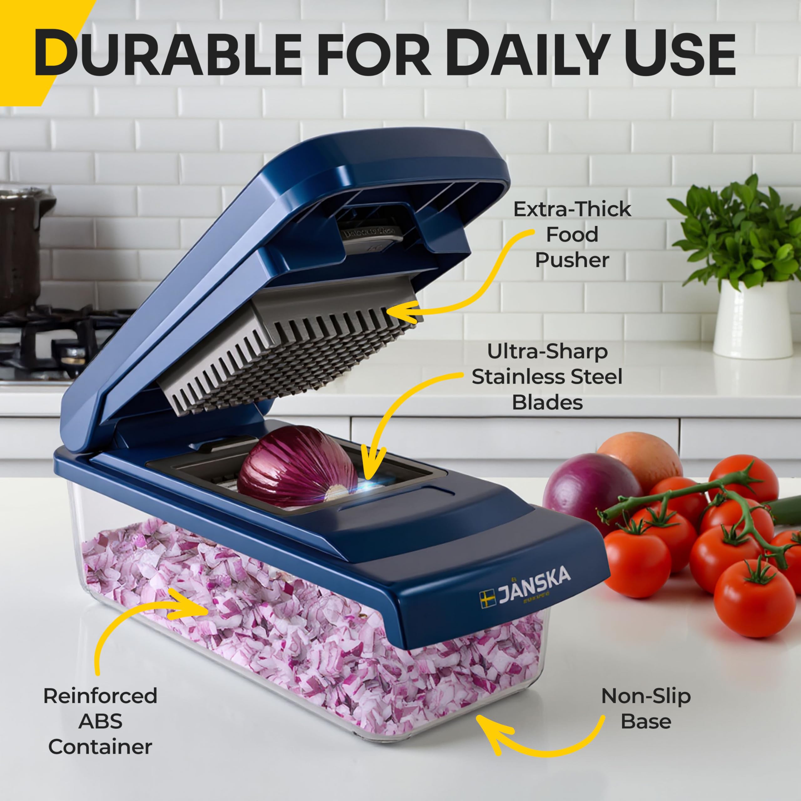 Razor-sharp blades slice onions and vegetables precisely.