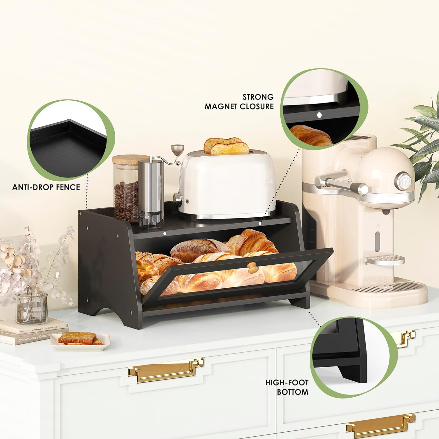 JANSNIMEN bread box flat-top workspace ideal for slicing and meal prep.