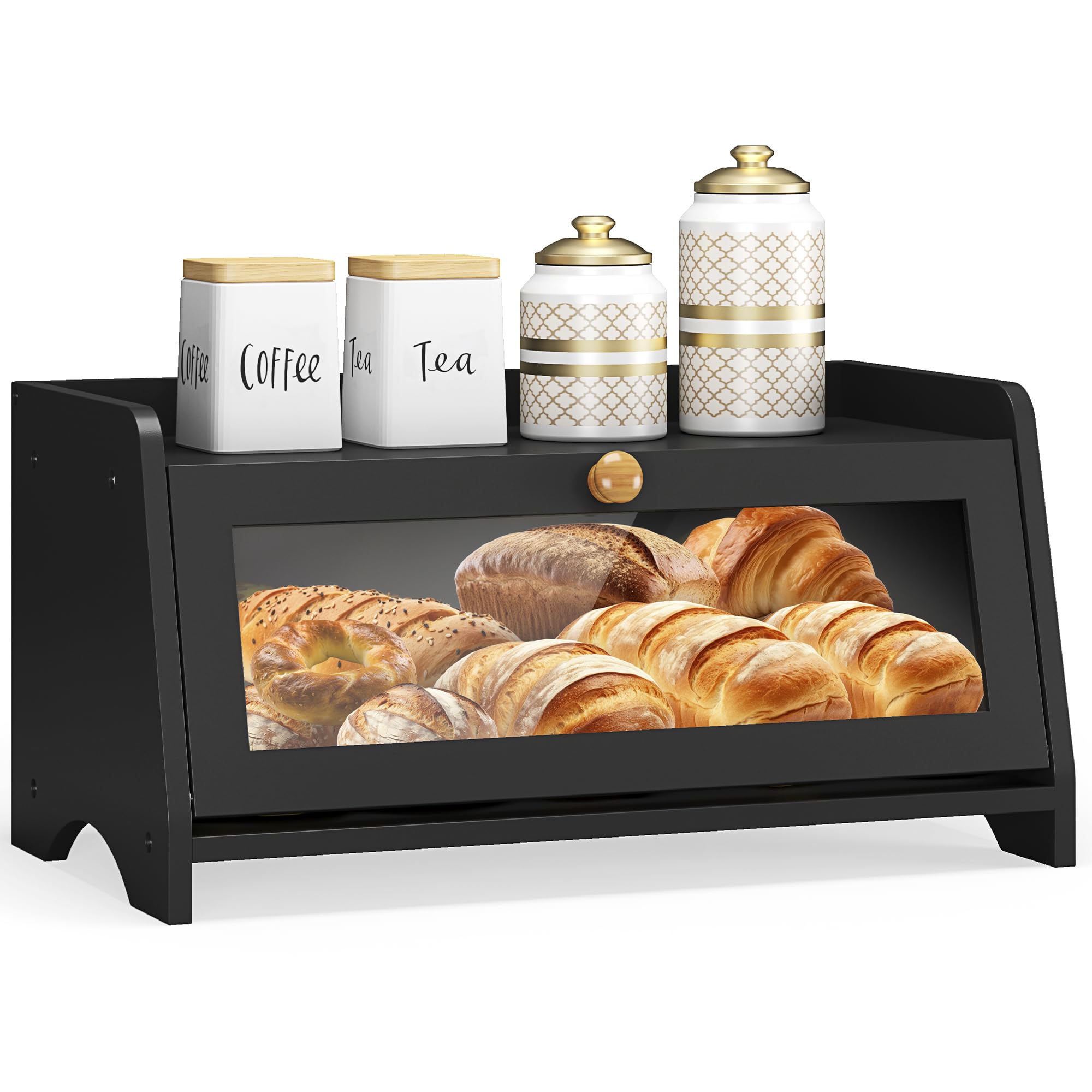 JANSNIMEN bread box front view with a sleek black finish for easy countertop storage.