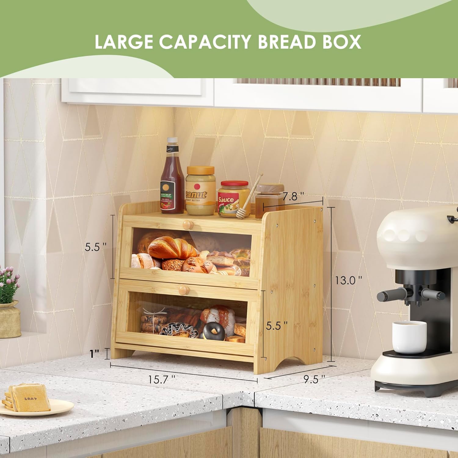 JANSNIMEN bread box open door provides easy access to fresh-looking loaves.