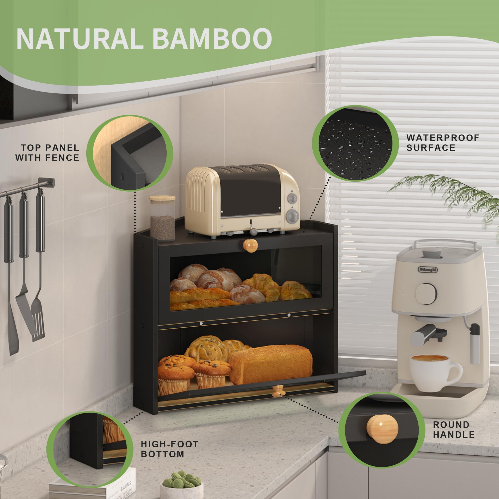 JANSNIMEN Large capacity corner bread box fits bread and more on your counter.