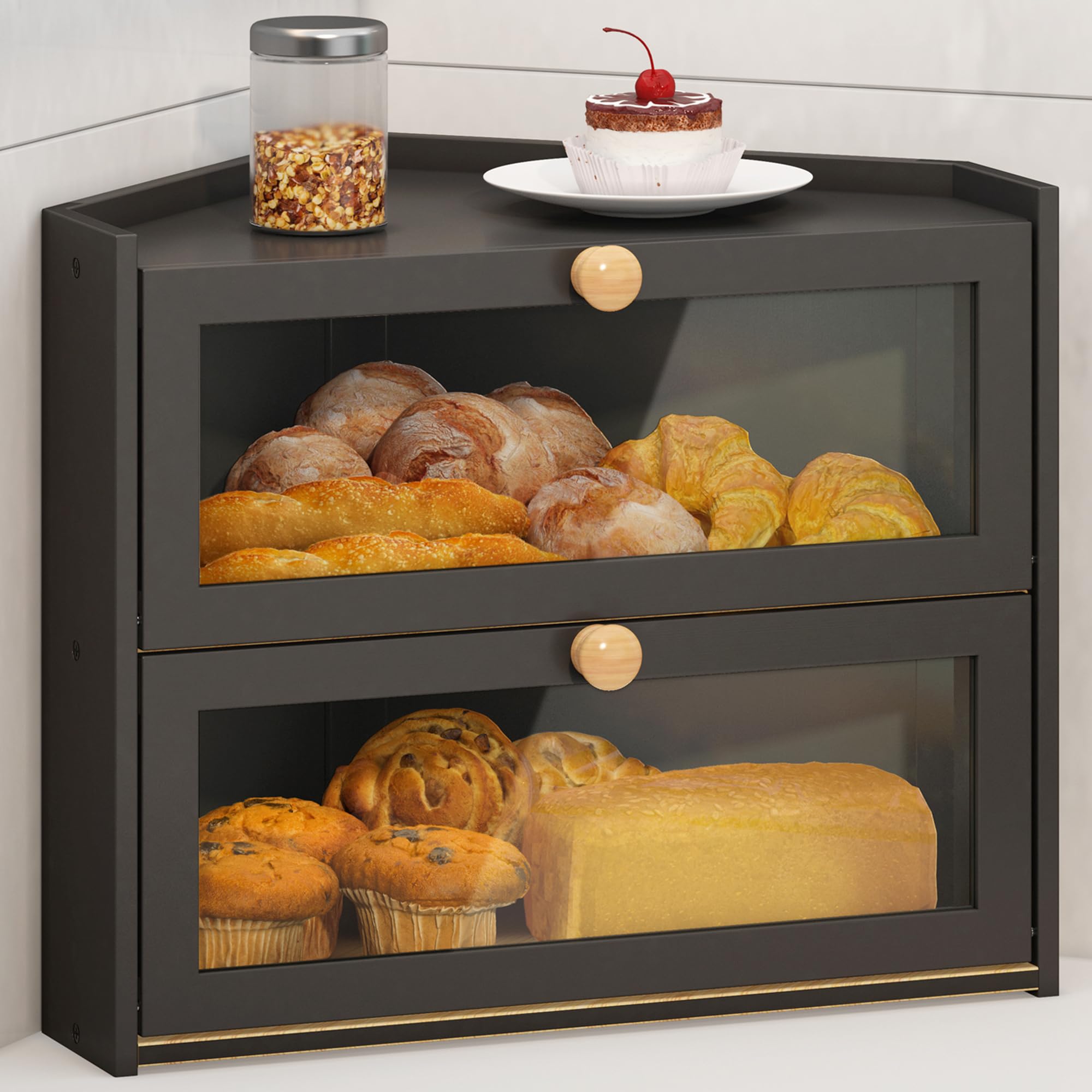 JANSNIMEN Black Corner Bread Box with Window keeps bread visible and fresh on your countertop.
