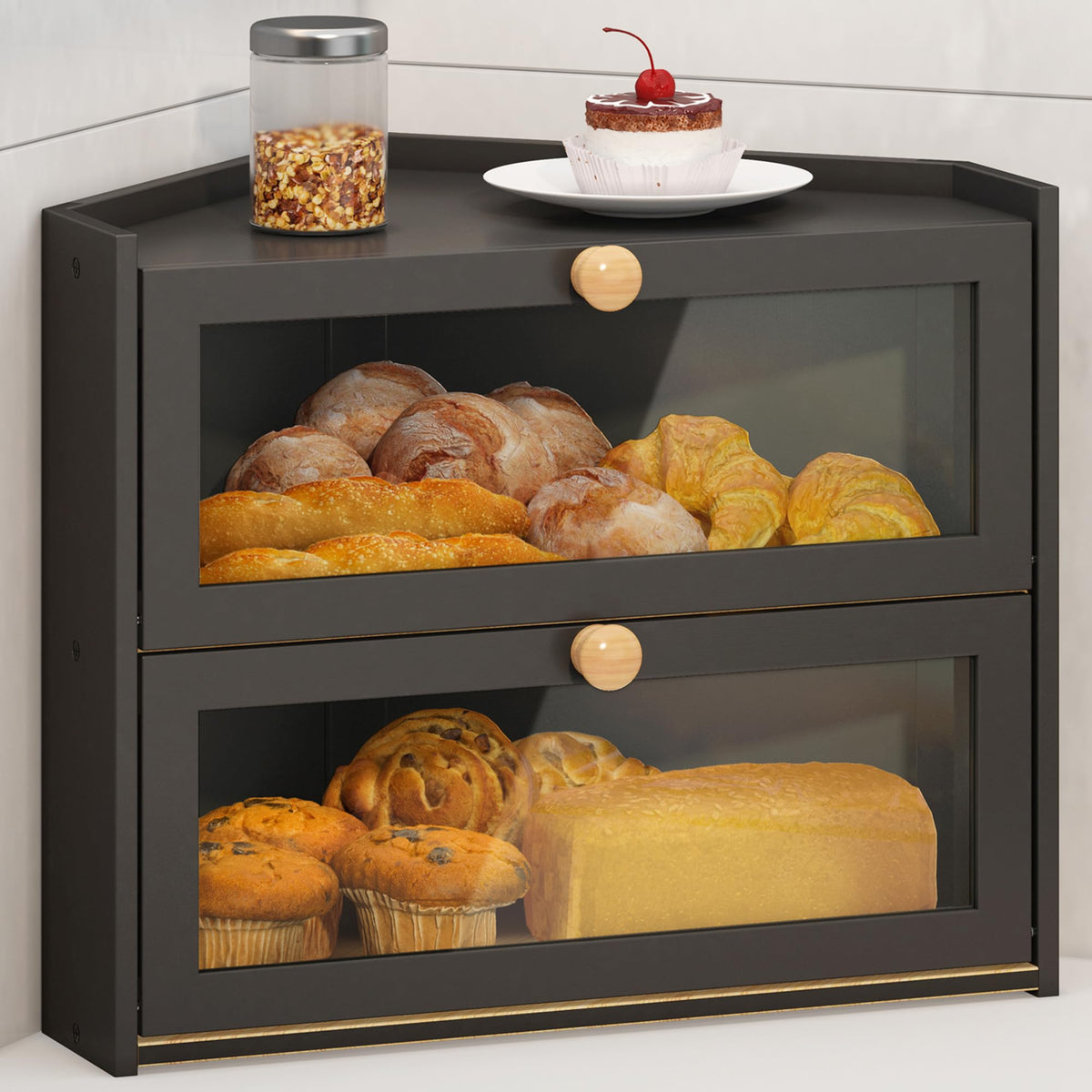 JANSNIMEN Black Corner Bread Box with Window keeps bread visible and fresh on your countertop.